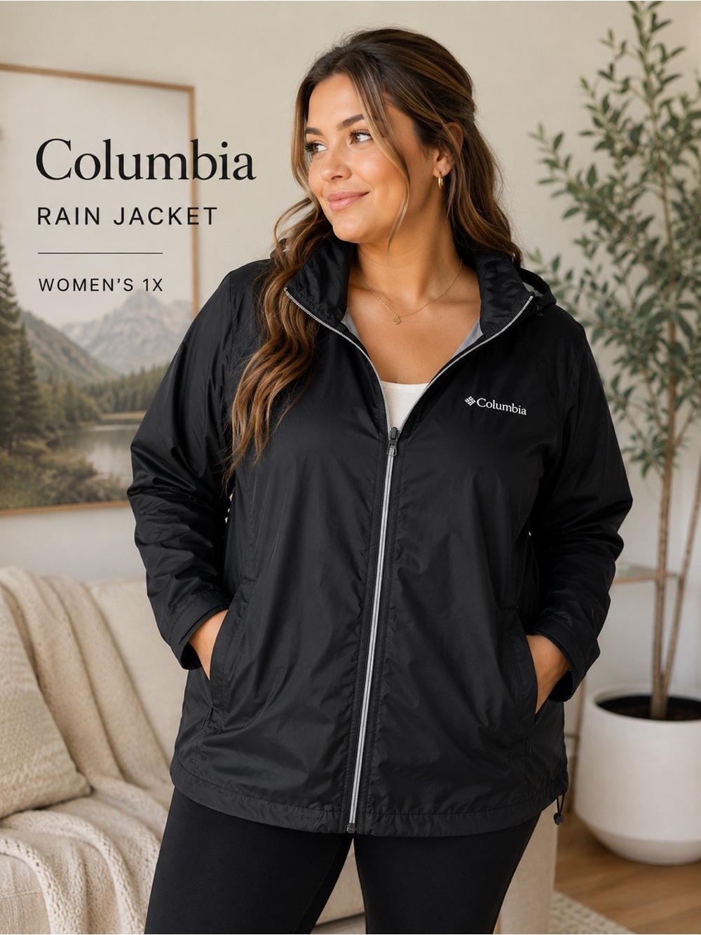 Columbia Women’s Black Hooded Rain Jacket Windbreaker 1X Lightweight Waterproof
